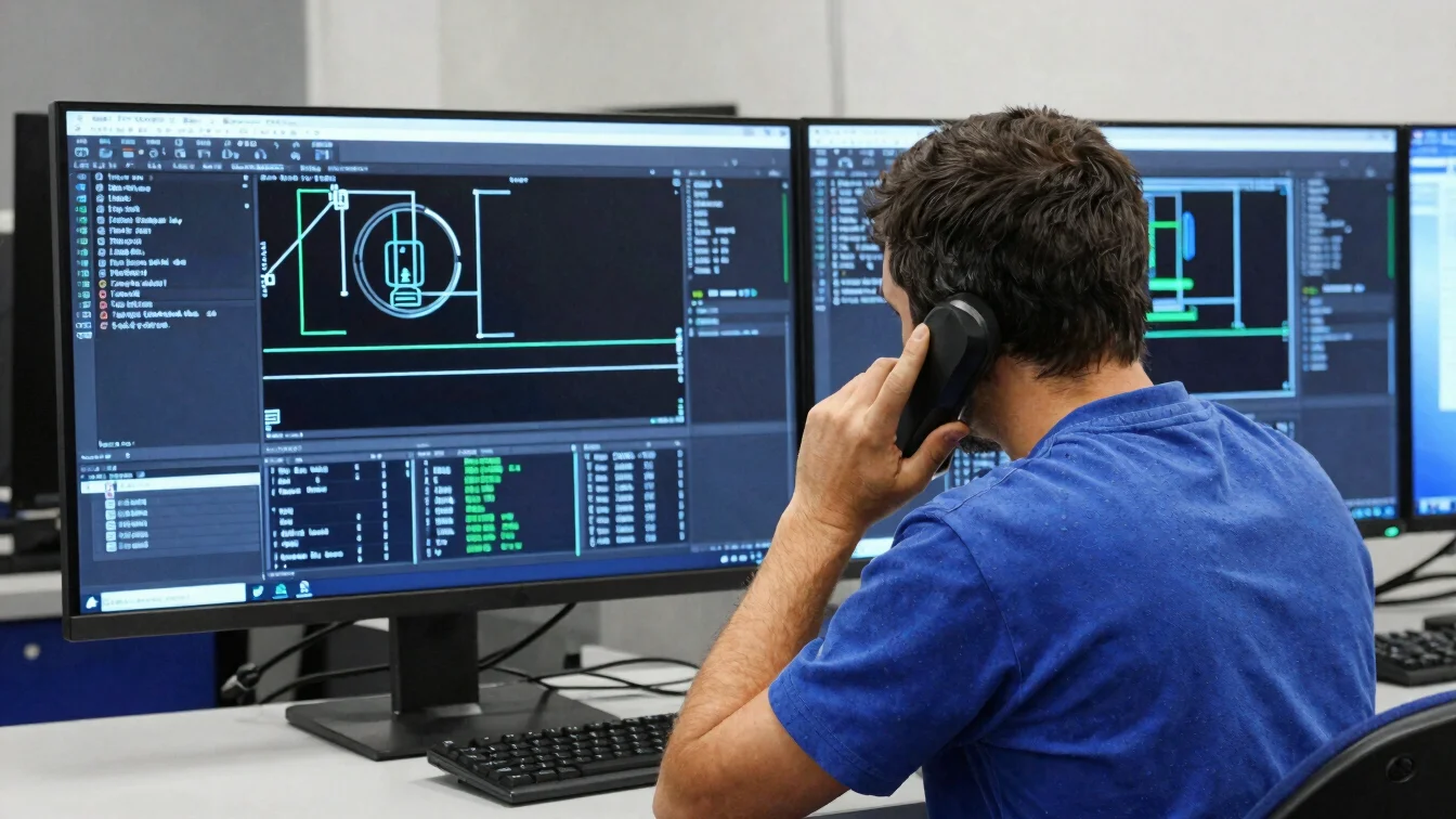 Technicien au téléphone devant un écran affichant un diagnostic,