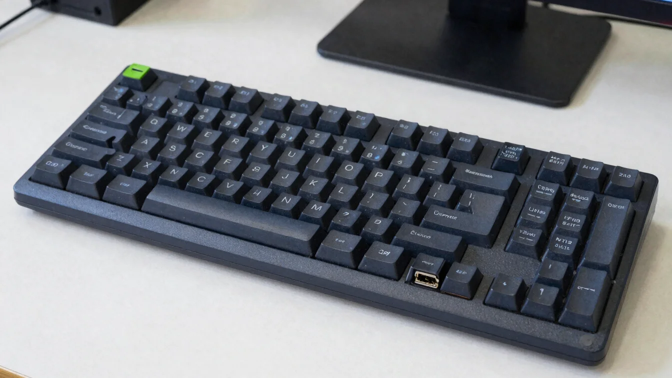 Écran d'ordinateur et clavier sobres sur un bureau d'atelier, lum