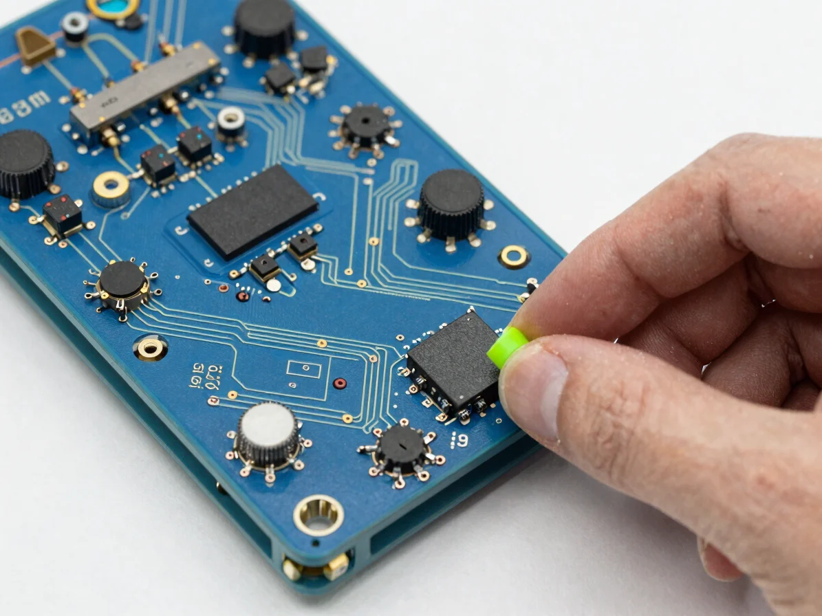 Détail d'un composant électronique examiné à la main sous lumière de studio douce, cadrage rapproché, bleu profond et gr