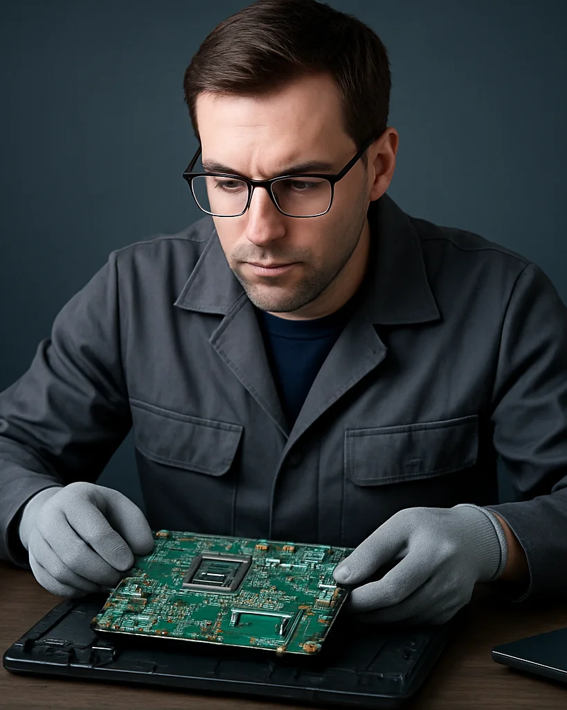 Technicien suisse inspectant une carte mère d'ordinateur portable