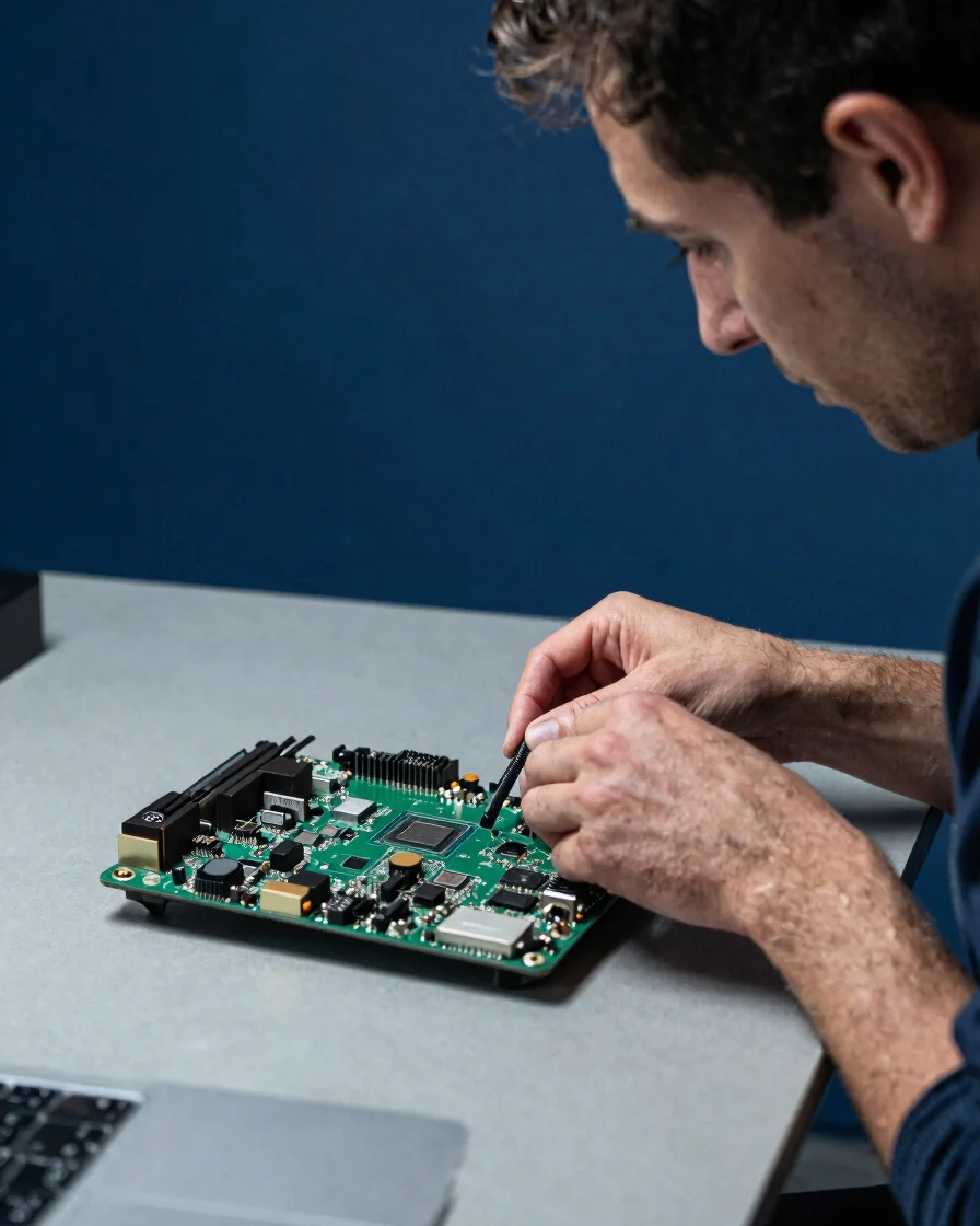 Technicien suisse inspectant la carte mère d'un ordinateur portable sur un établi sobre, lumière diffuse de studio, bleu